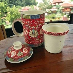 World Market 3 Piece Tea Mug & Infuser w/ Lid -‎ Red  Boho Cup